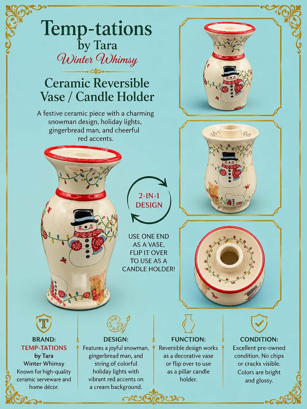 Temp-tations by Tara Winter Whimsy Ceramic Reversible Vase and Candle Holder
